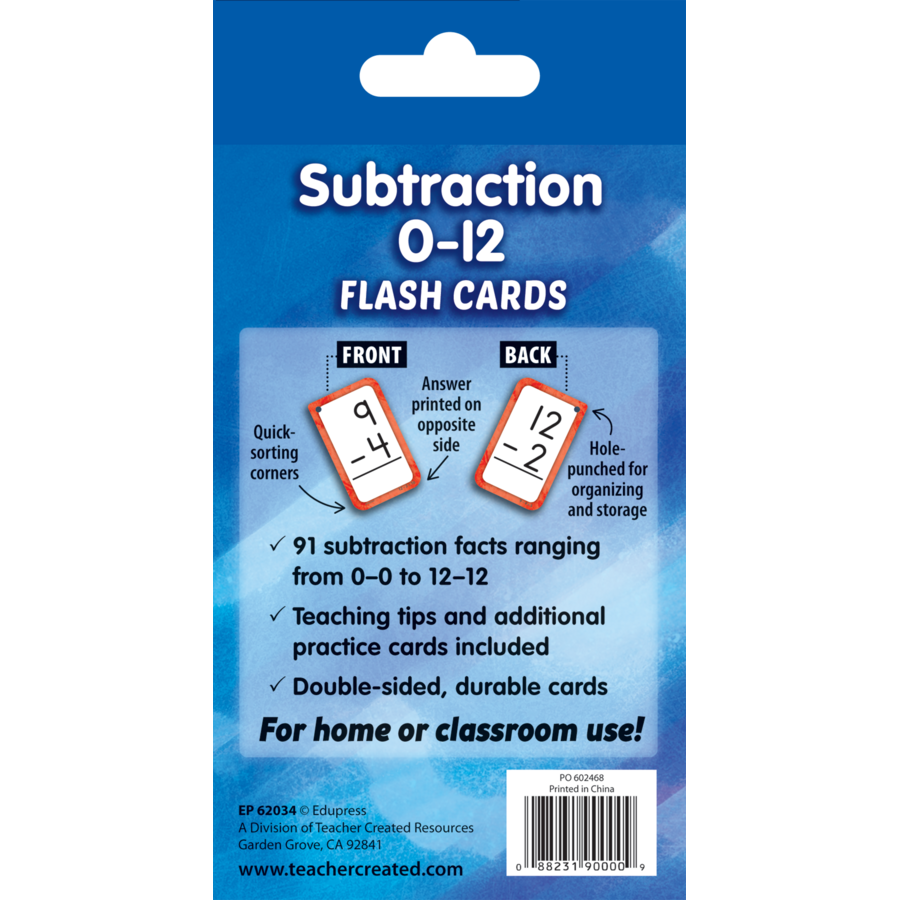 Teacher Created Resources Subtraction 0-12 Flash Cards