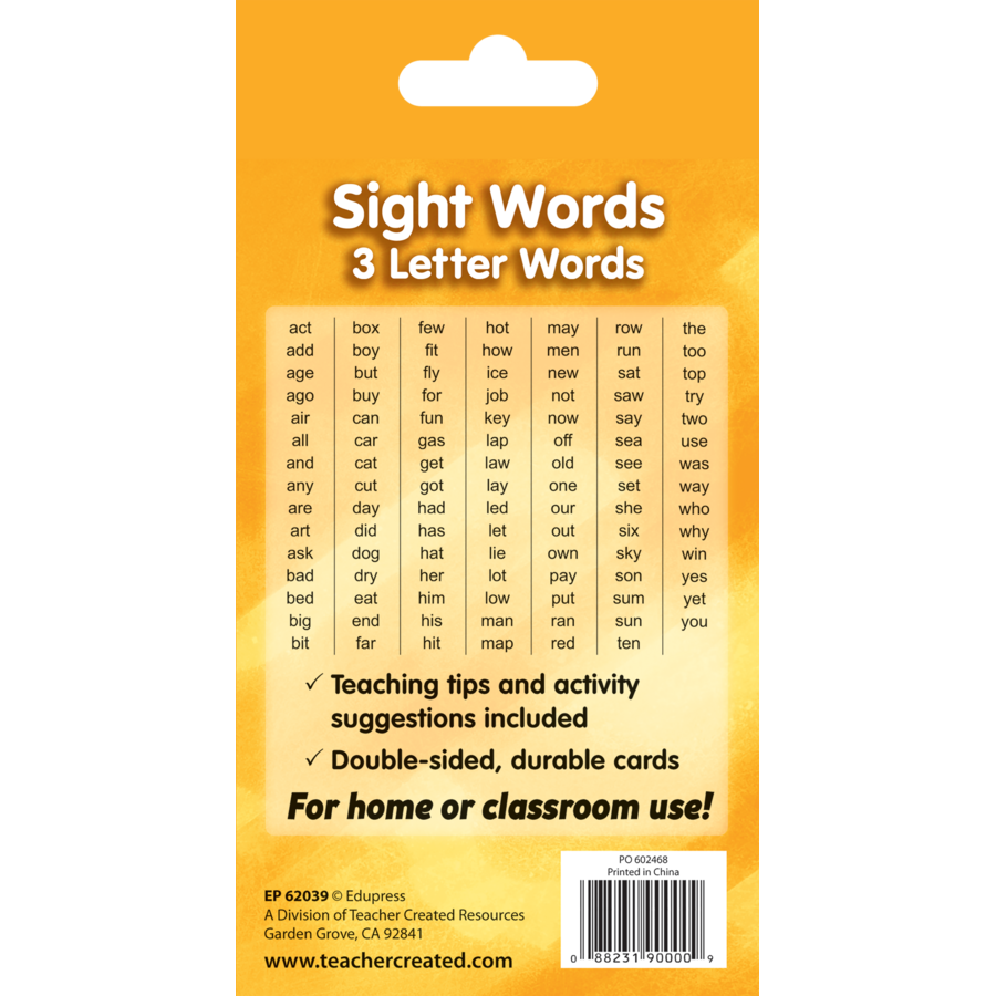 Teacher Created Resources Sight Words Flash Cards - 3 Letter Words